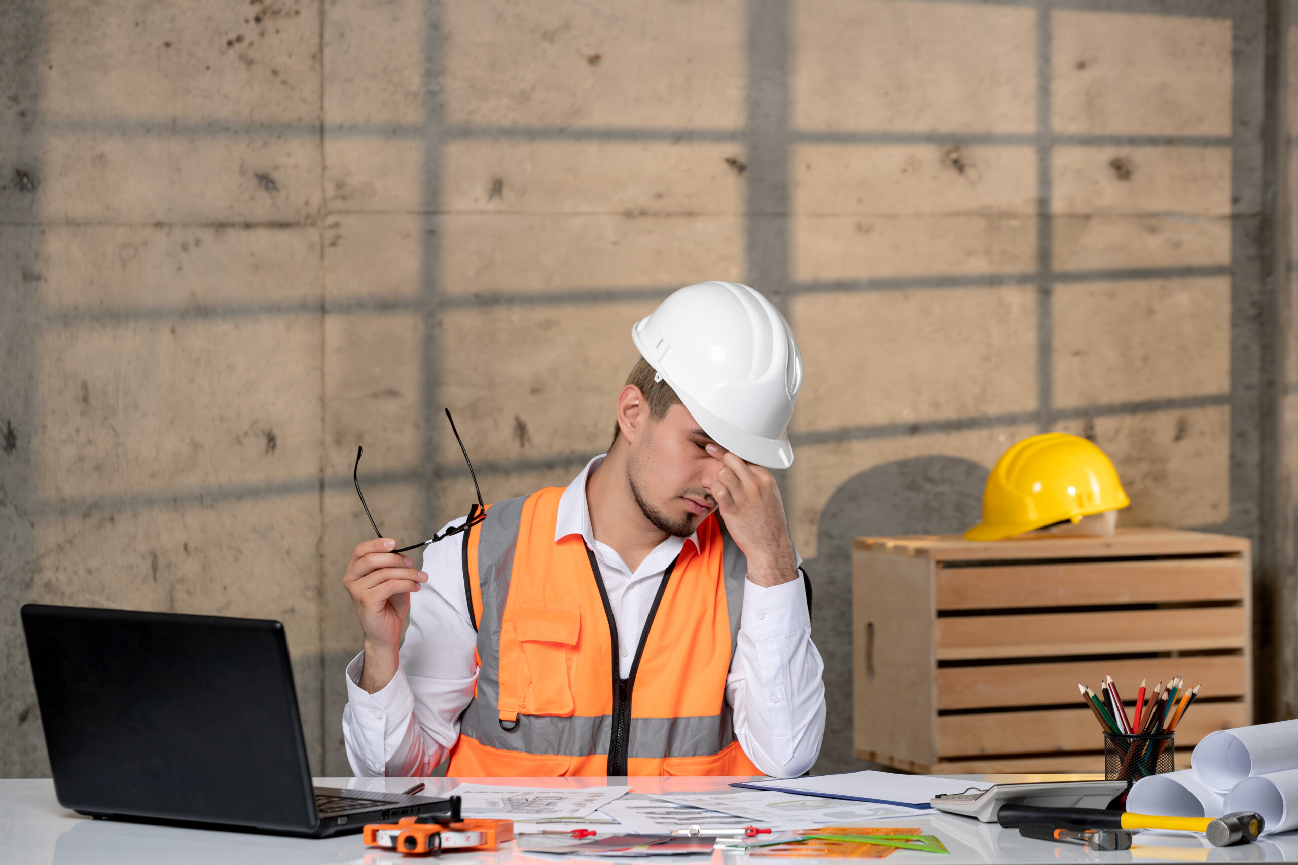 ingenieur travailleur civil en casque et gilet intelligent jeune beau mec mignon